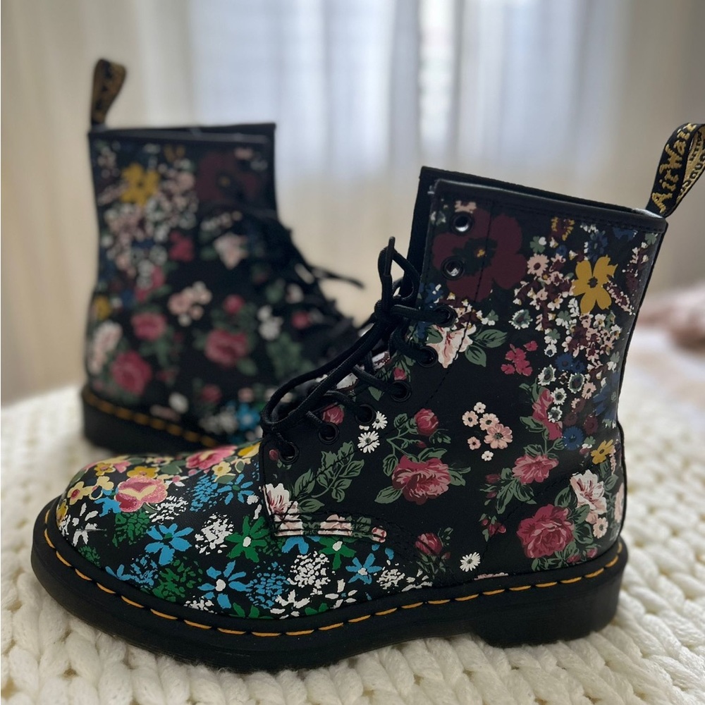 Dr. Martens 1460 Black Floral Mashup Leather Lace Up Boots